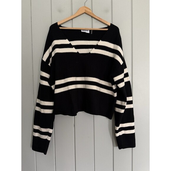 LNA Luca Sweater L Large Modal Blend Striped V Neck Long Sleeve Black White - Picture 1 of 7